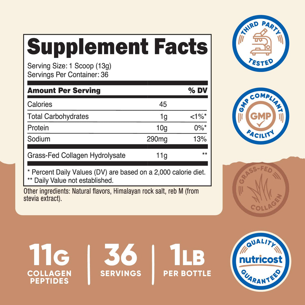 Close-up of Nutricost Salted Caramel collagen bottle label