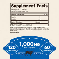 Close-up of Nutricost Colostrum label showing gluten-free and non-GMO