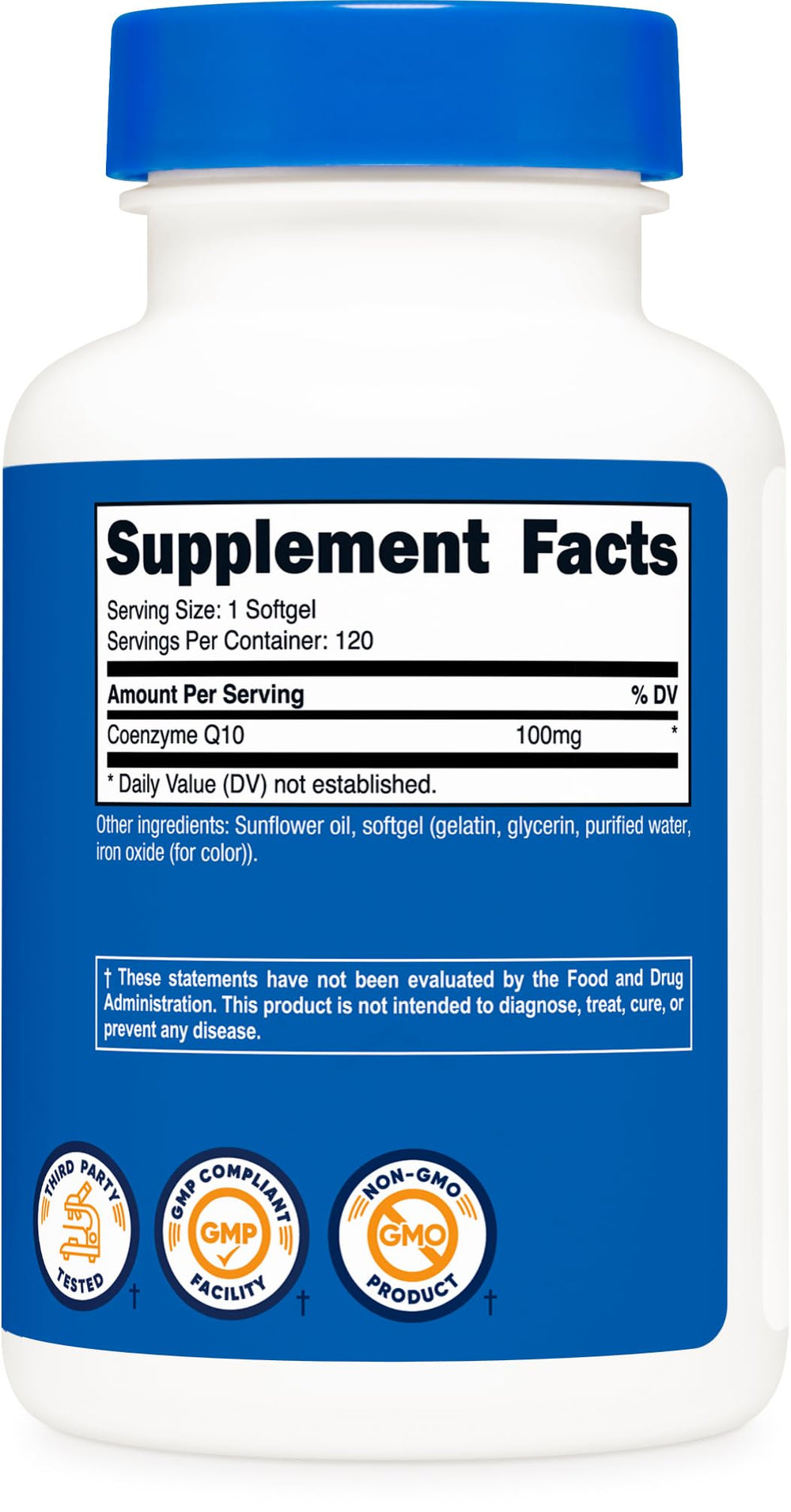 Back of Nutricost CoQ10 Softgels bottle with serving information