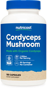 Nutricost Cordyceps Mushroom Capsules bottle with 180 plant-based capsules