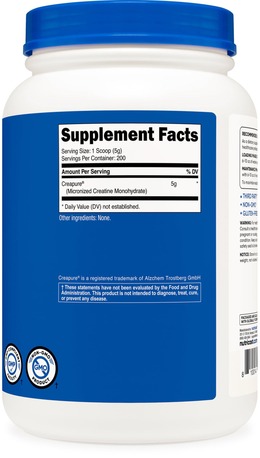 Nutrition facts and ingredient label for Nutricost Creapure Creatine Monohydrate 1kg