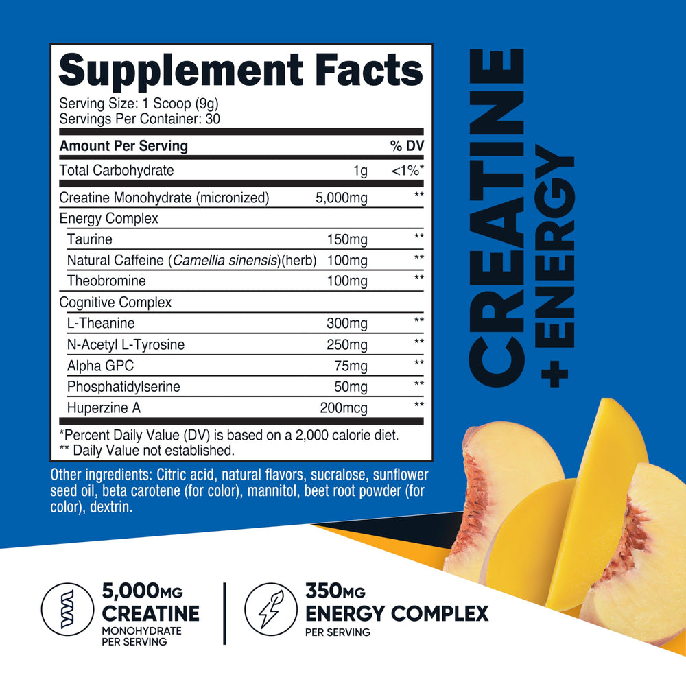 Close-up of nutrition facts showing 5,000mg creatine monohydrate per serving
