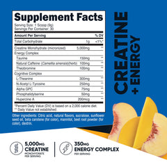 Close-up of nutrition facts showing 5,000mg creatine monohydrate per serving