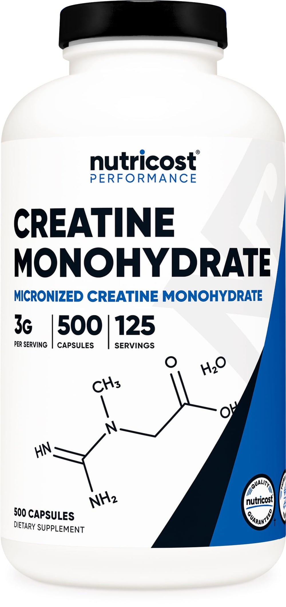 Bottle of Nutricost Micronized Creatine Monohydrate 750mg capsules (500 capsules)