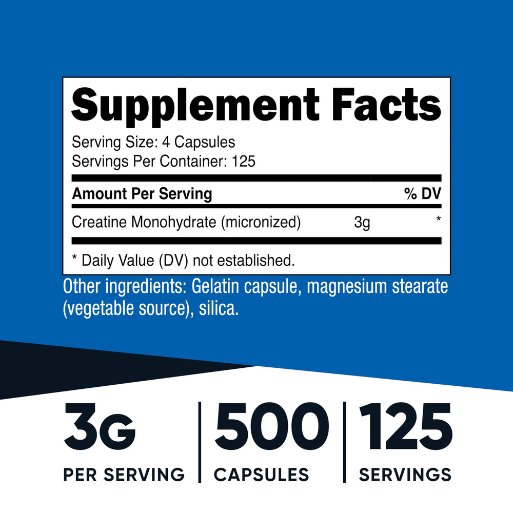 Nutricost creatine monohydrate capsules close-up showing easy dosing