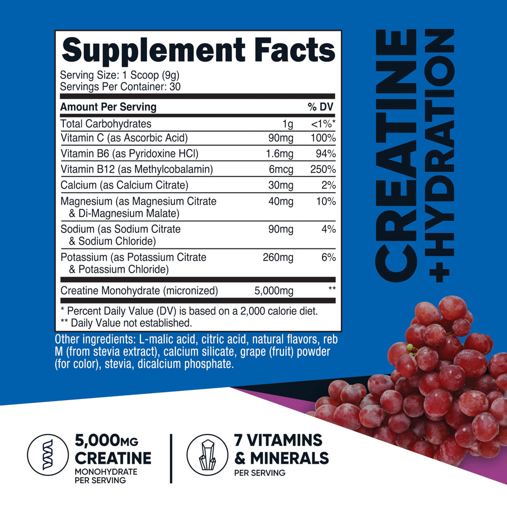 Close-up of grape-flavored powder scoop next to container