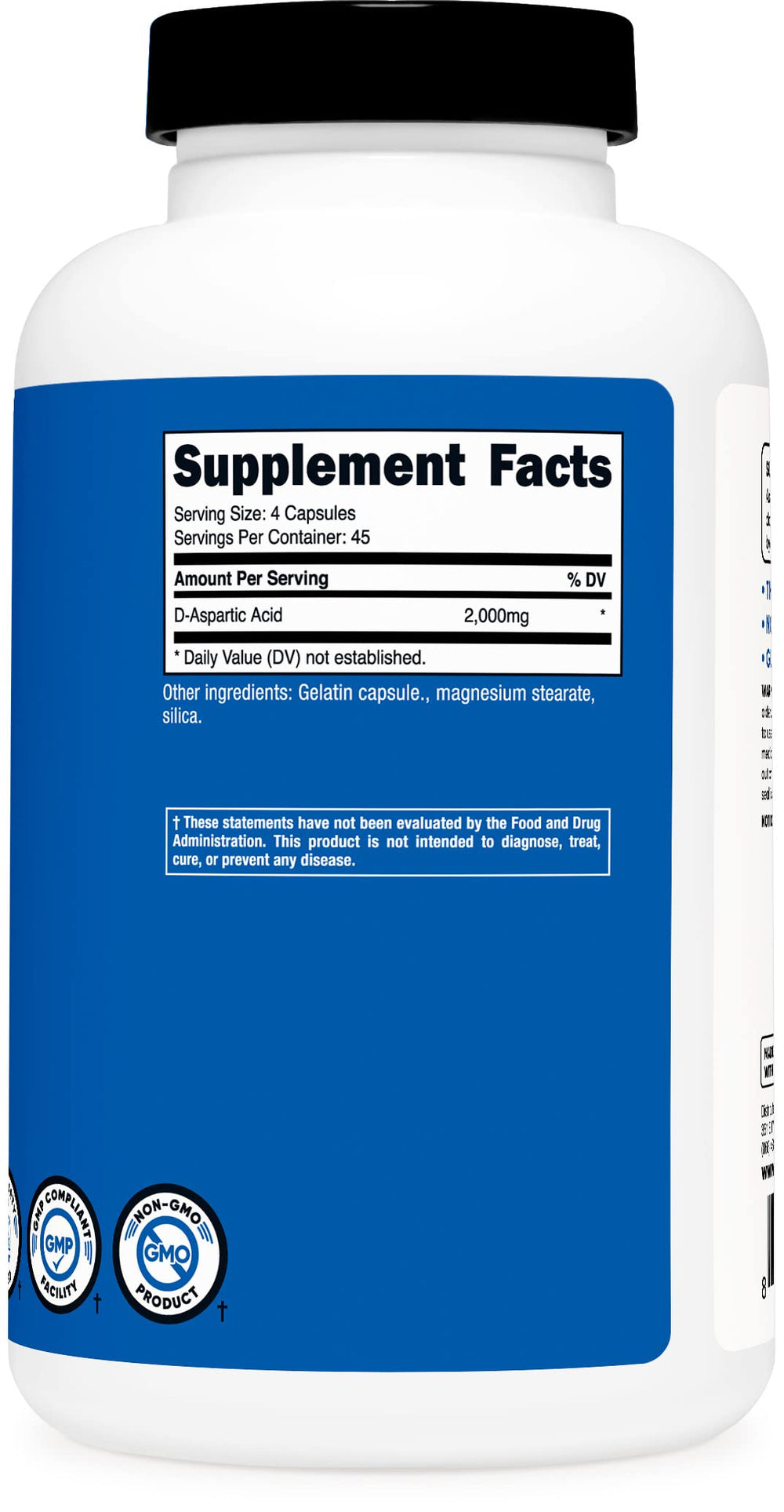 Nutricost D-Aspartic Acid bottle nutrition facts — non-GMO and gluten-free labeling.