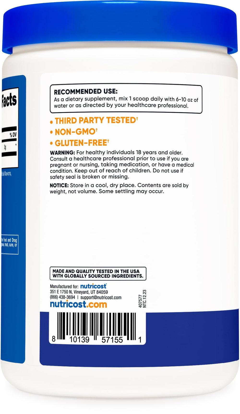 Nutricost DAA label shows non-GMO and gluten-free ingredients for shoppers