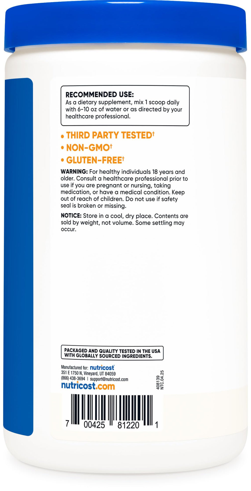 Nutricost D-Aspartic Acid powder bottle label close-up shows purity.