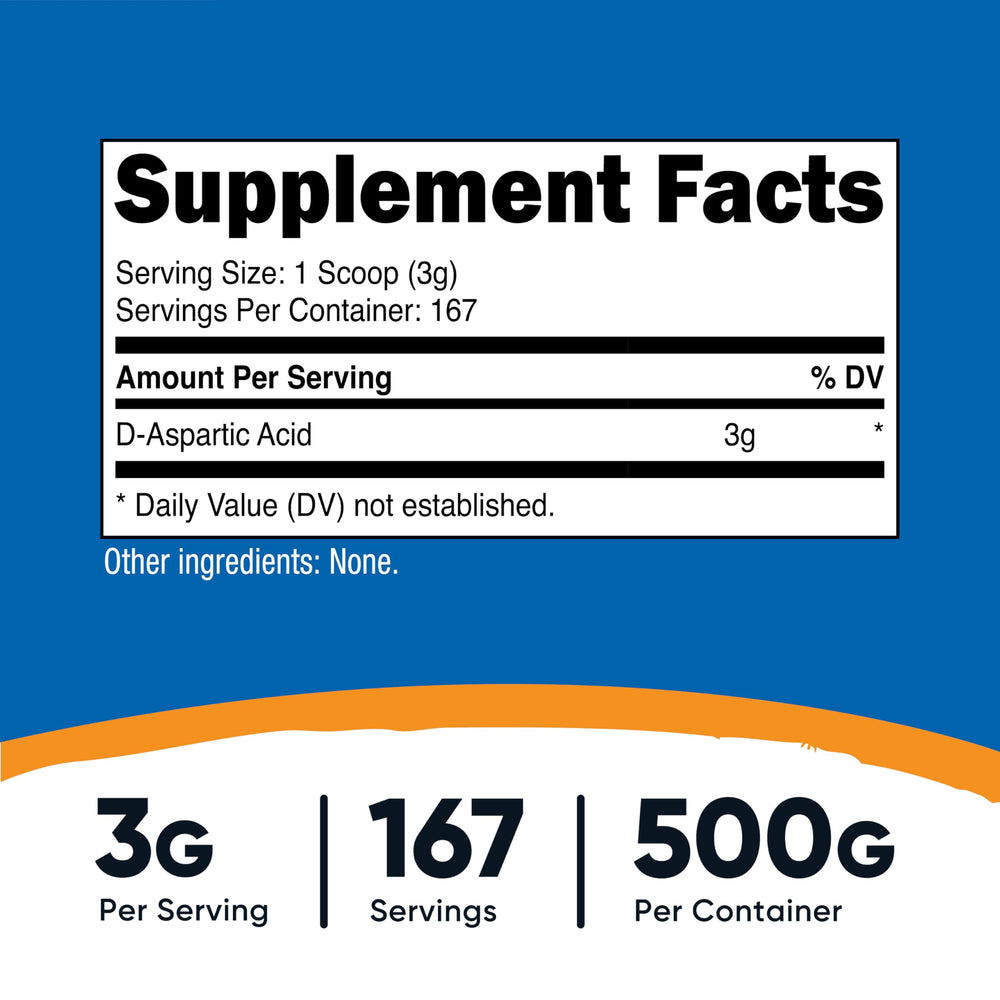 Nutricost D-Aspartic Acid powder nutrition label view showing non-GMO and gluten-free.
