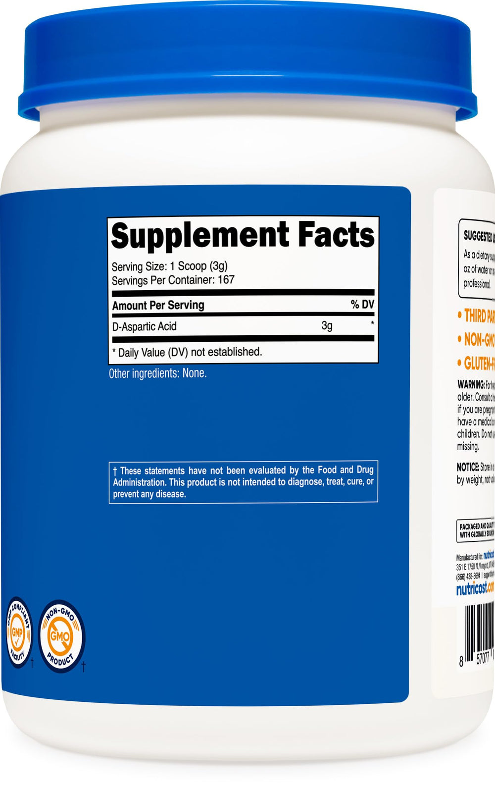 Nutricost D-Aspartic Acid powder packaging reflects GMP and FDA-registered quality.