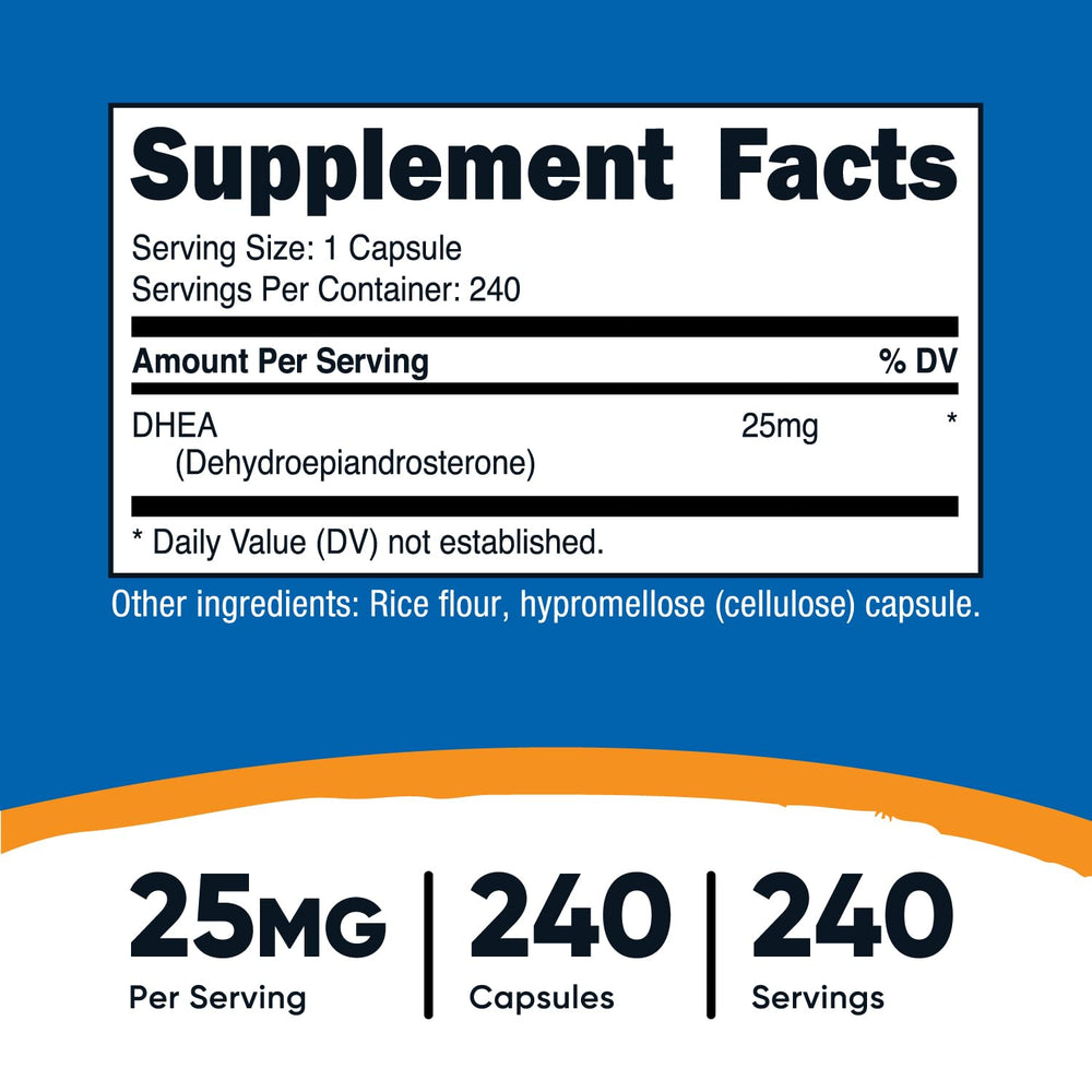 Close-up of Nutricost DHEA 25mg bottle label