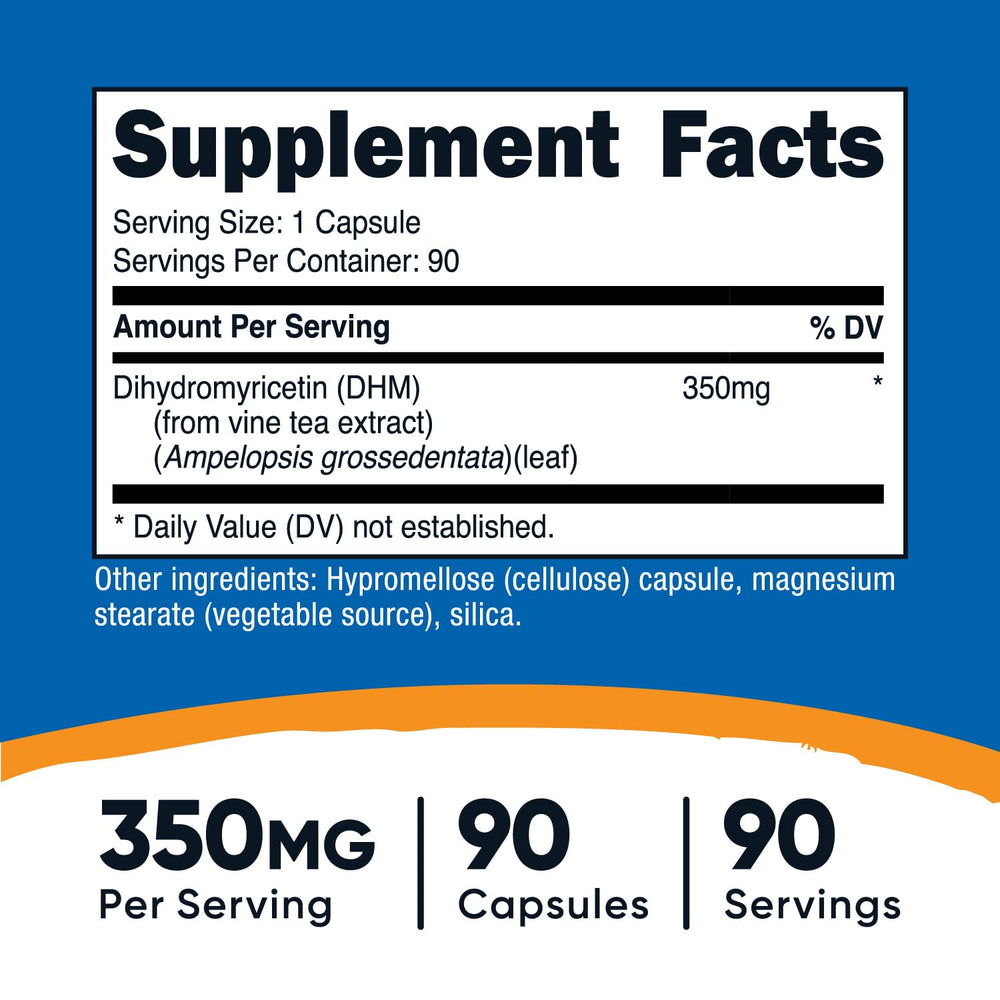 Close-up of DHM 350mg label on bottle