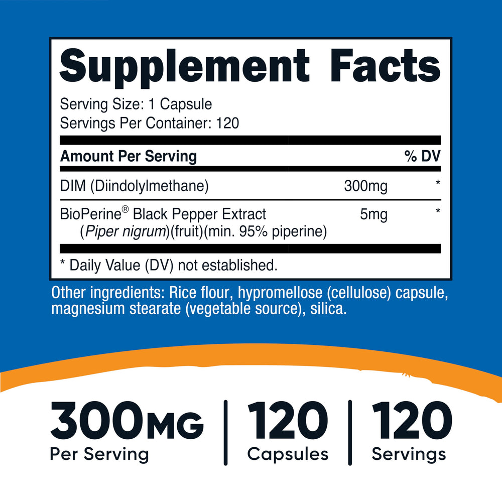 Close-up of Nutricost DIM 300mg BioPerine label