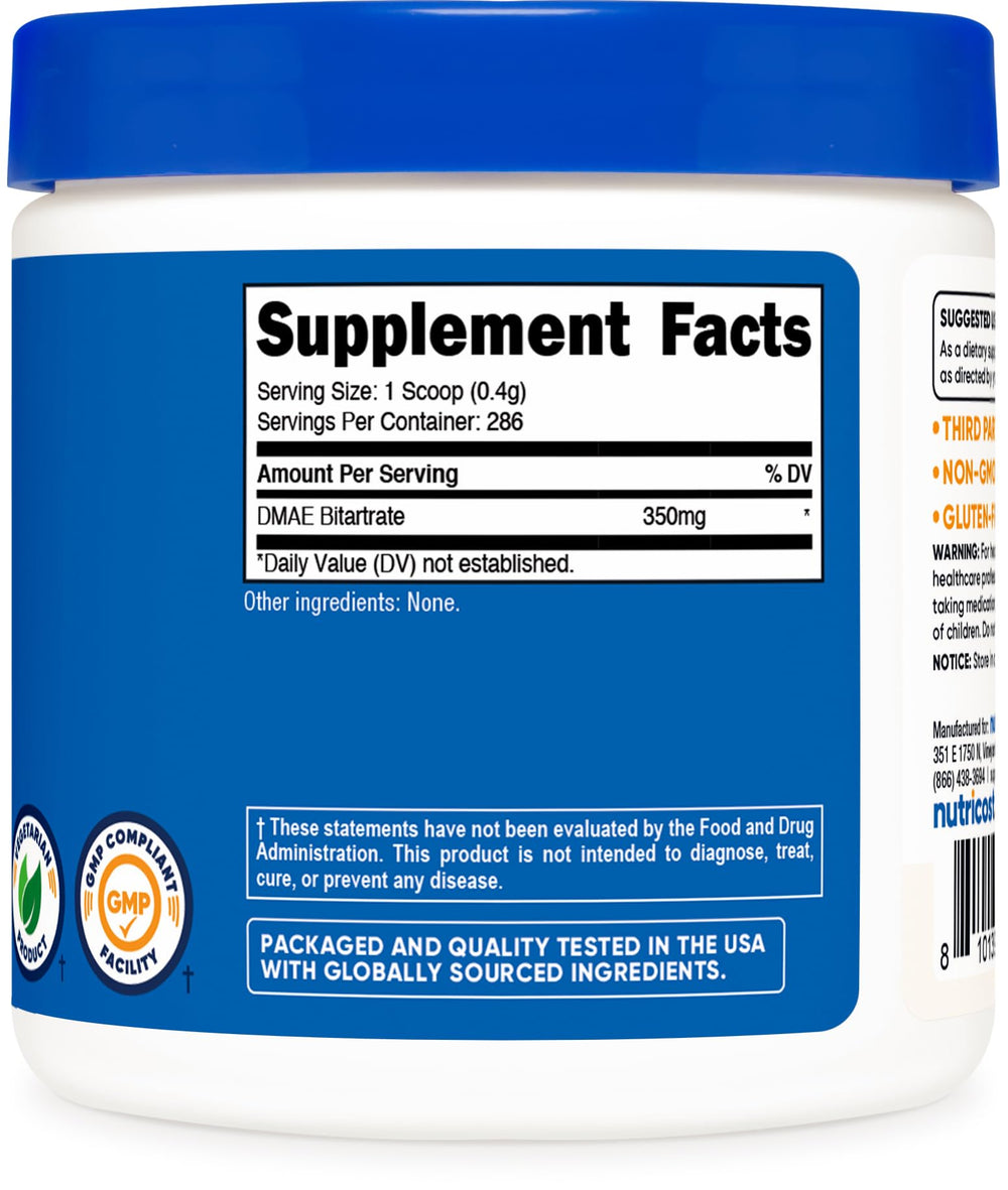 Nutricost DMAE-Bitartrate Powder label showing 100 g