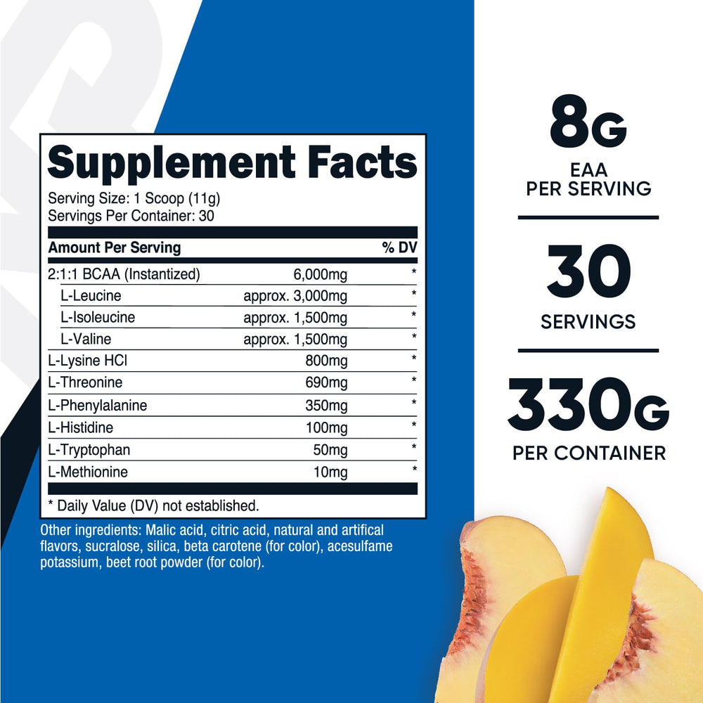 Scoop of Nutricost EAA Powder Peach Mango in a glass