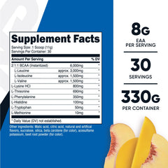 Scoop of Nutricost EAA Powder Peach Mango in a glass