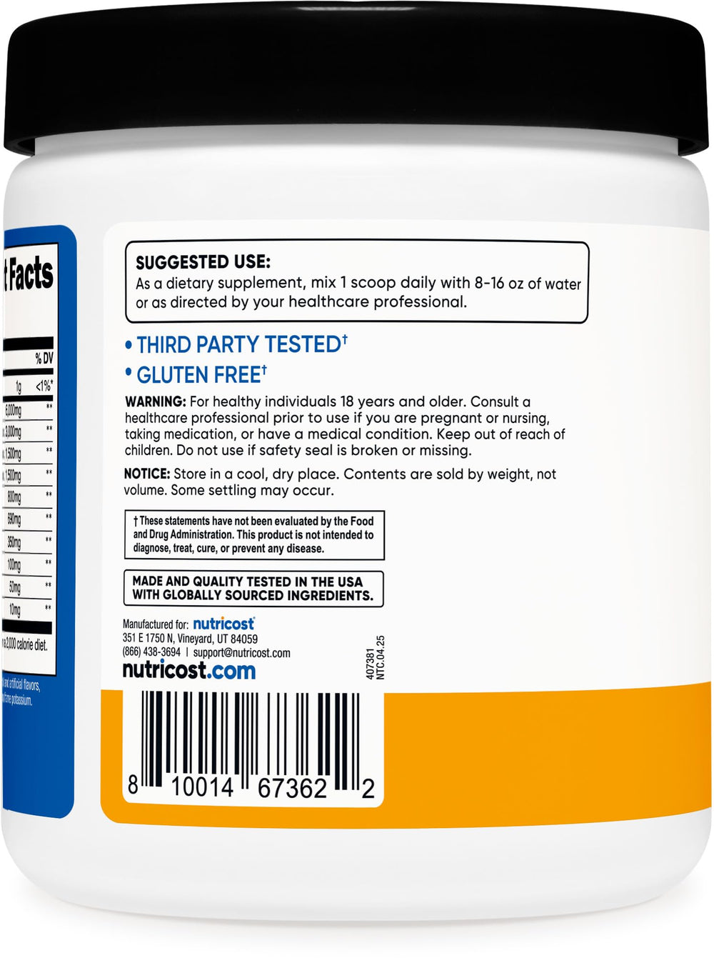 Nutrition information graphic for EAA powder