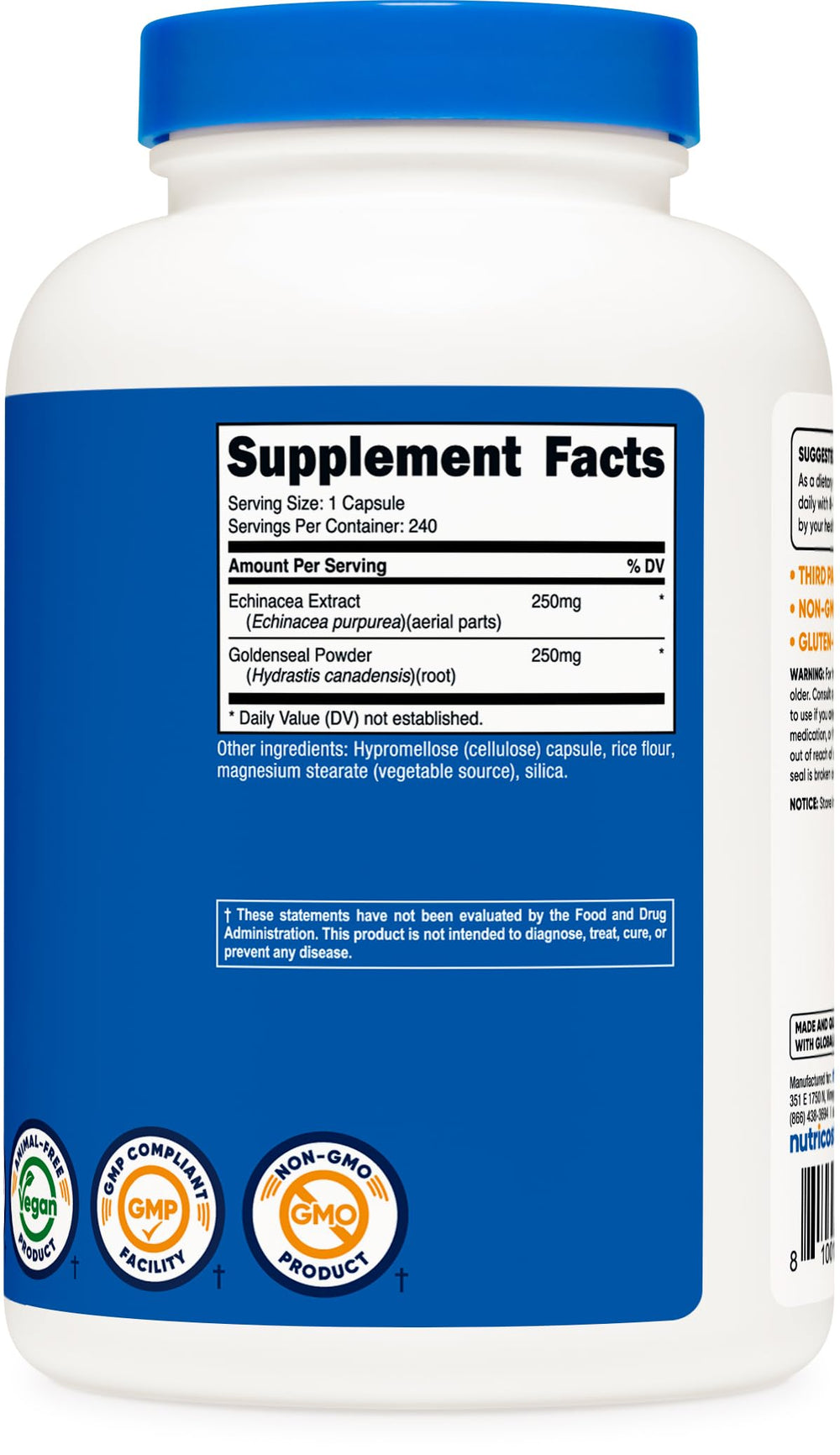 Close-up of Nutricost Echinacea & Goldenseal 500mg vegetarian capsules