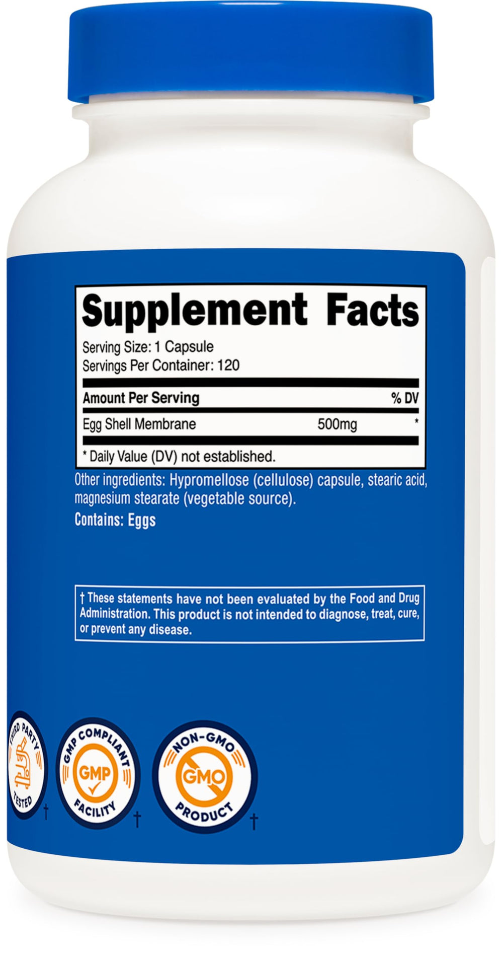 Quality seals and GMP icon on Nutricost Egg Shell Membrane label