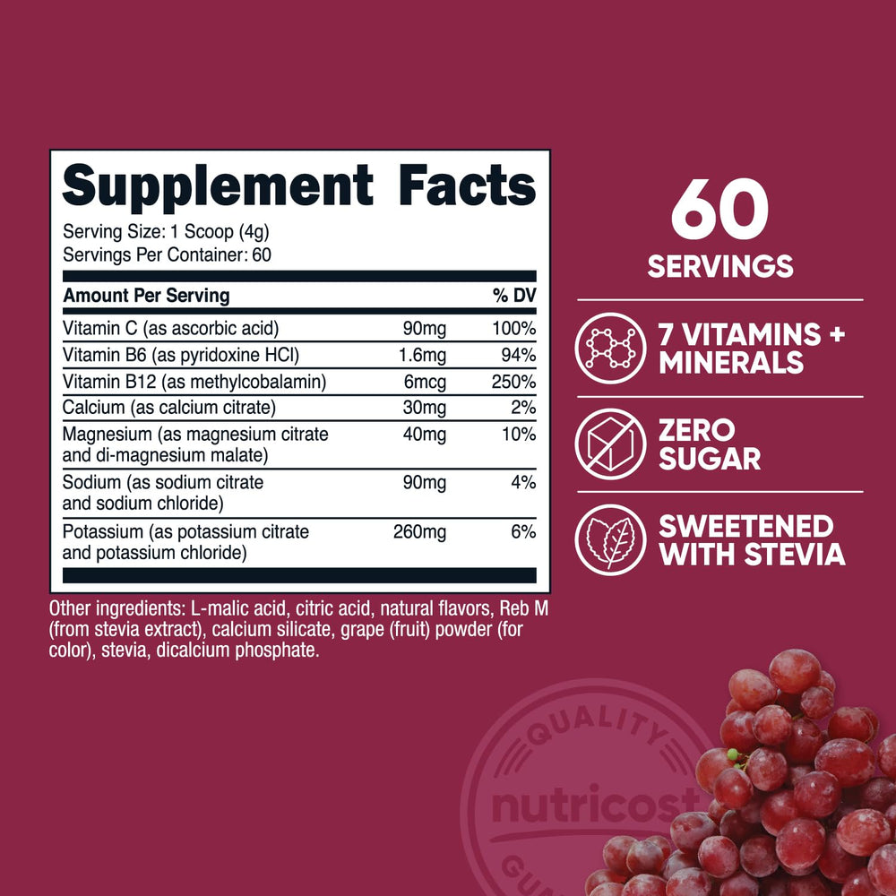 Scooped grape electrolyte powder being added to a glass of water