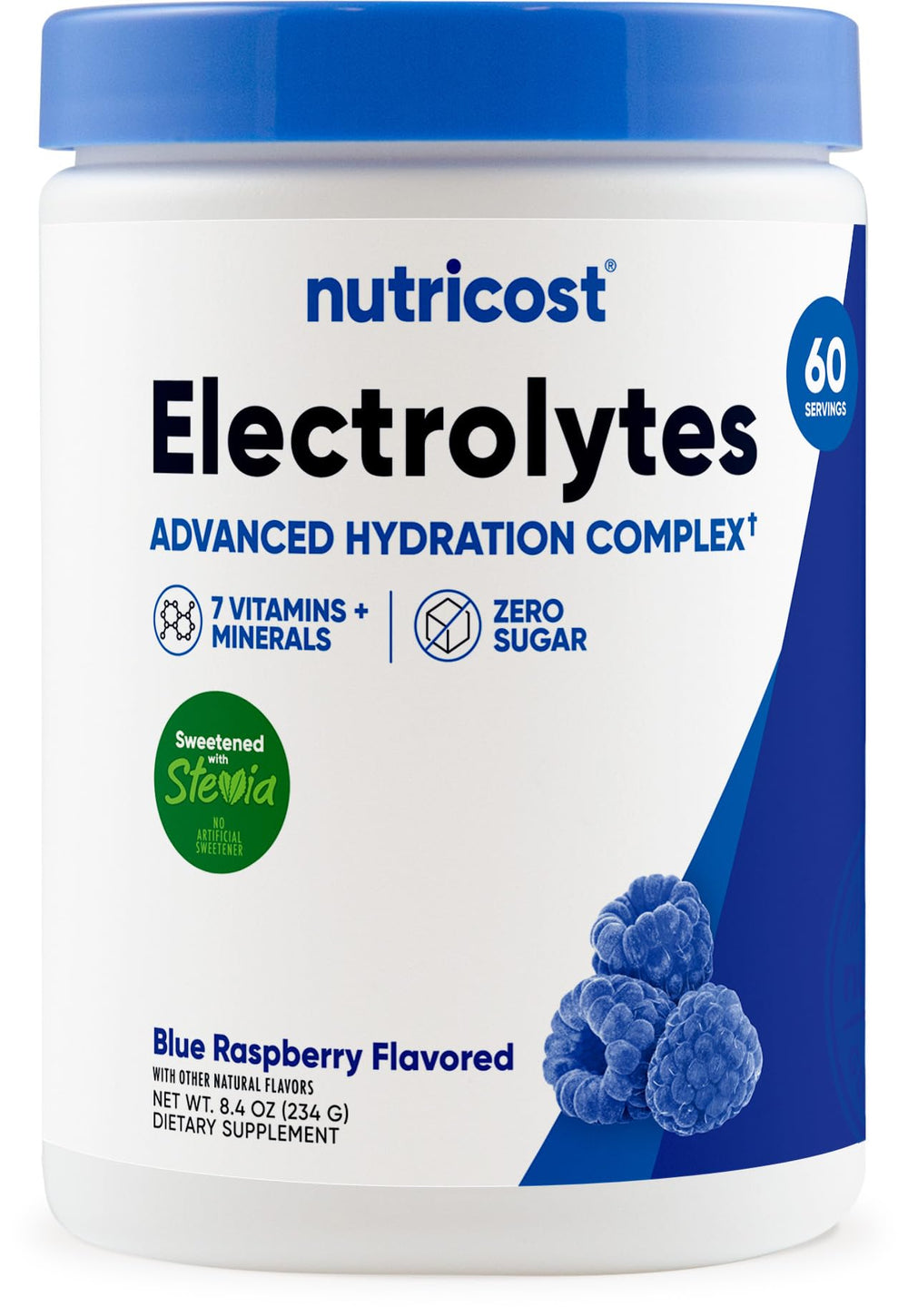 Nutricost Electrolyte Complex Powder Blue Raspberry 60 Servings package
