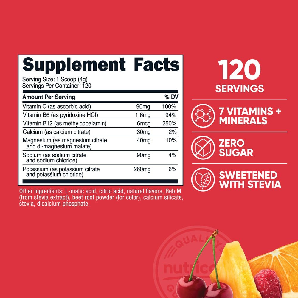 Close-up of nutrition label on Nutricost Fruit Punch powder