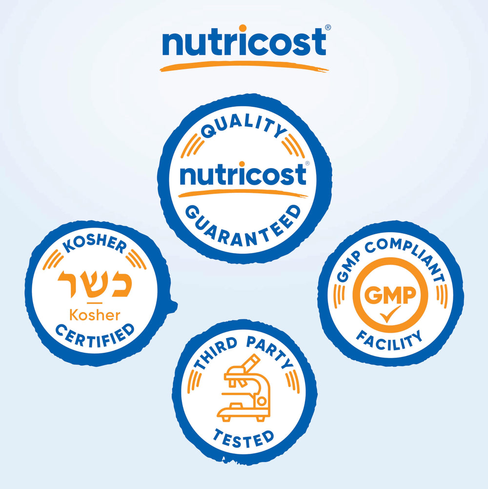 Packaging of Nutricost empty capsules highlighting Kosher, Non-GMO, Soy Free, Gluten Free attributes