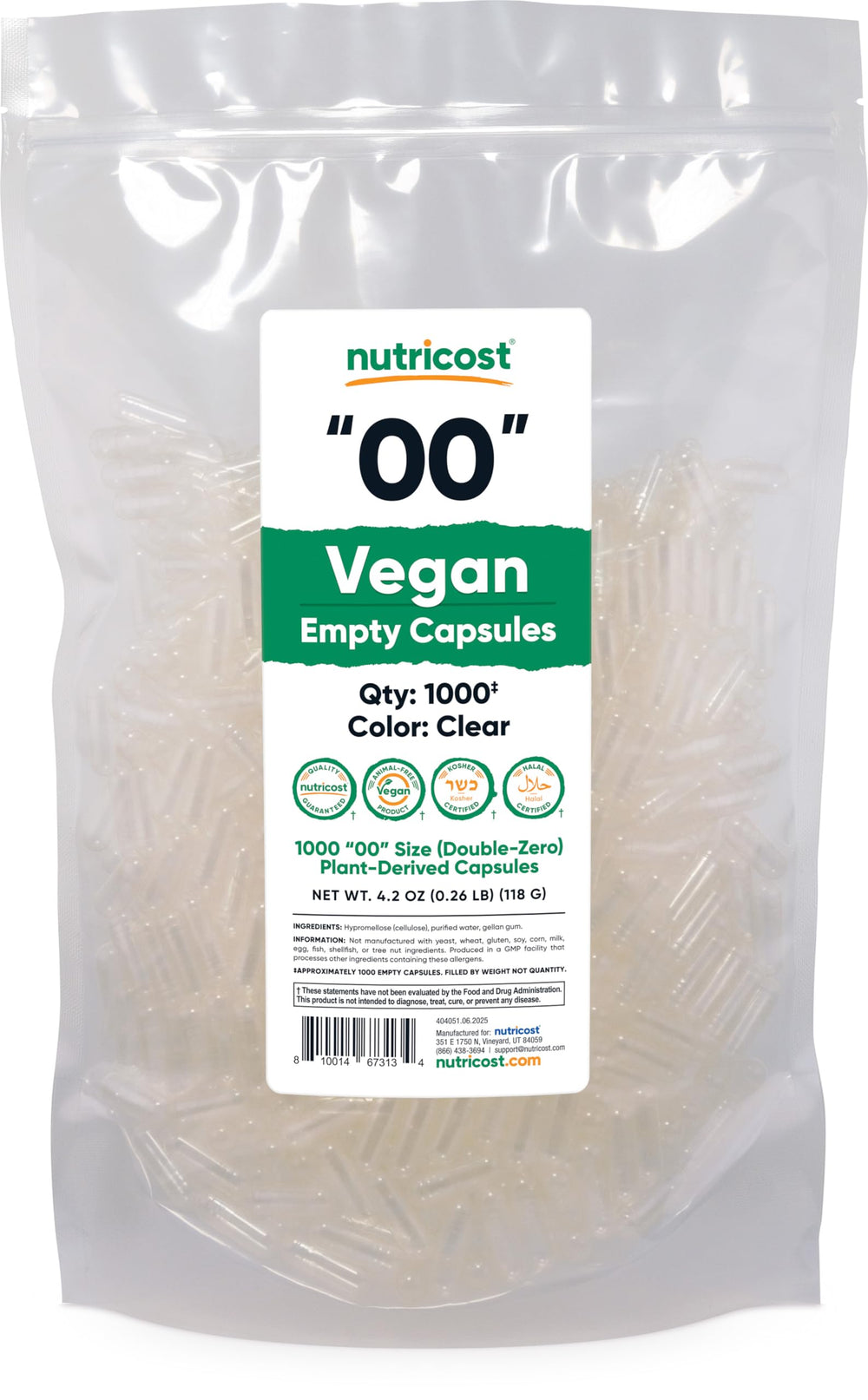 Nutricost empty capsules size 00, clear plant-based capsules (front view)
