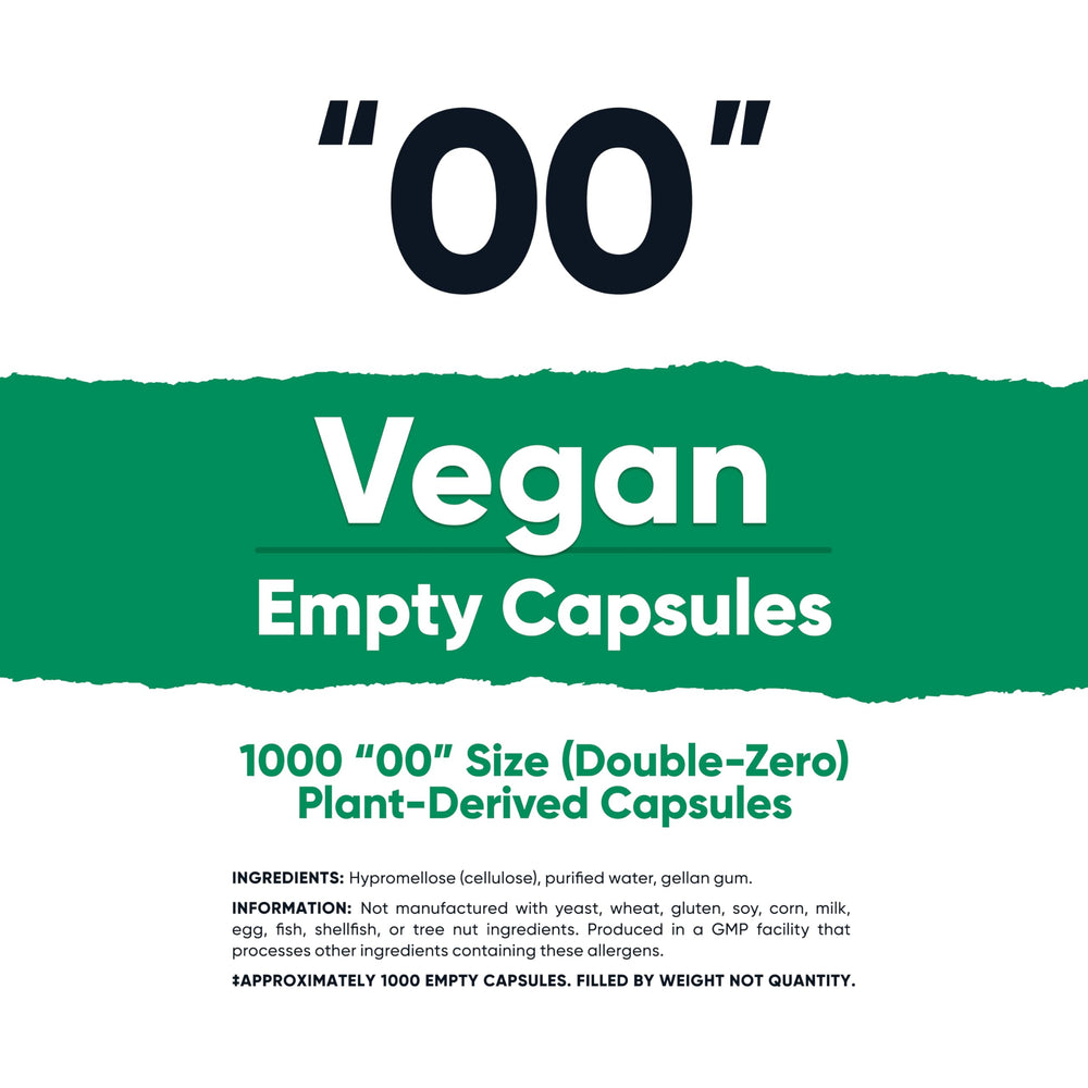Clear plant-based empty capsules size 00, 1,000 count (side view)