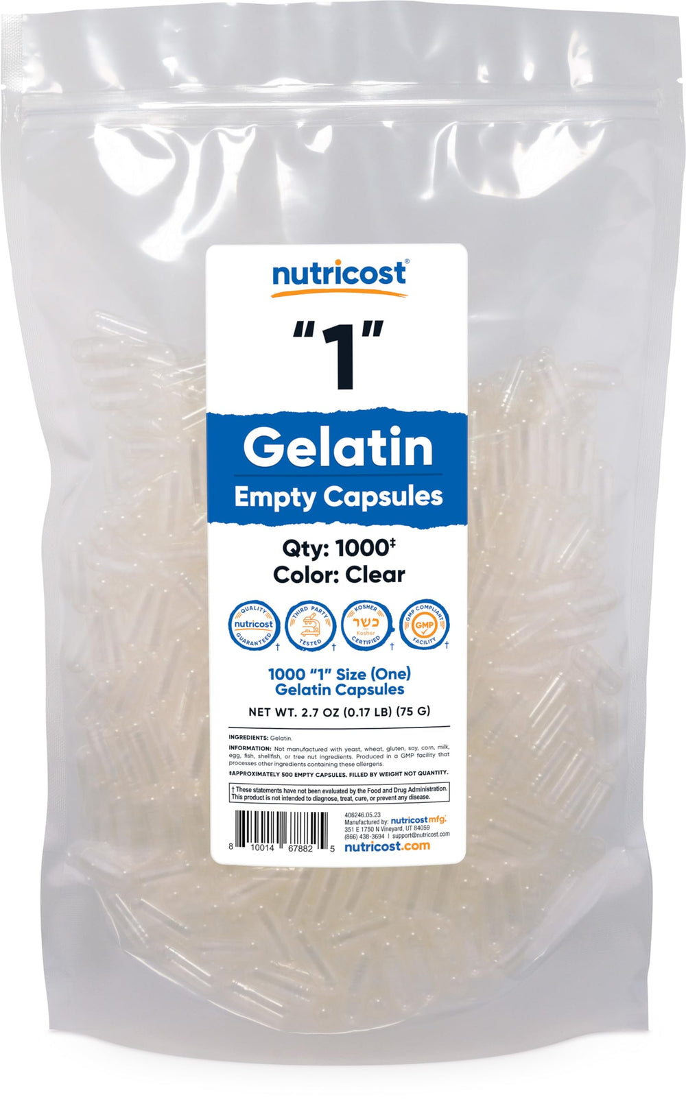 Nutricost empty gelatin capsules size 1, 1000-count, clear
