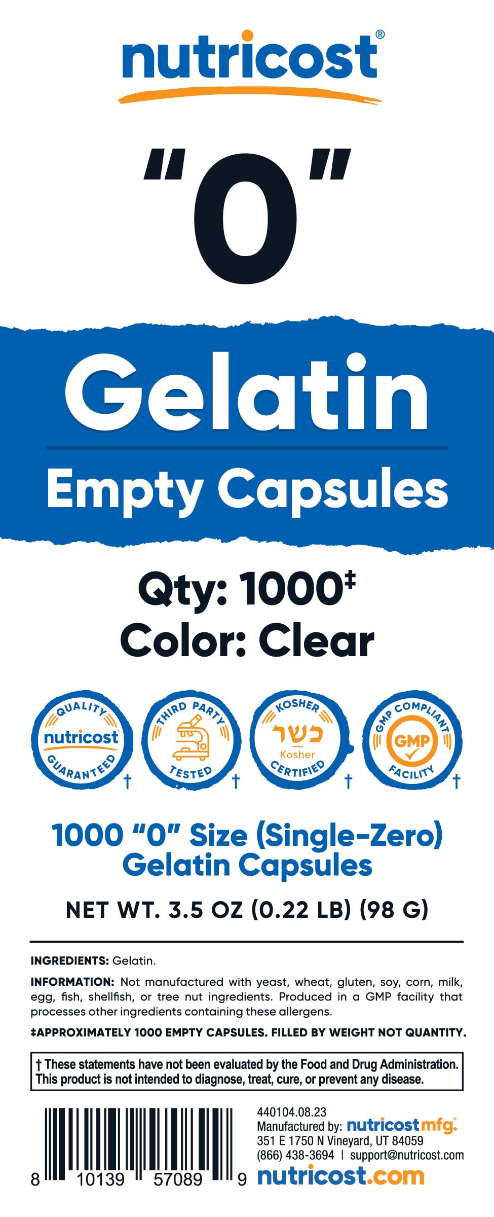 Kosher, gluten-free, non-GMO empty capsules on white background