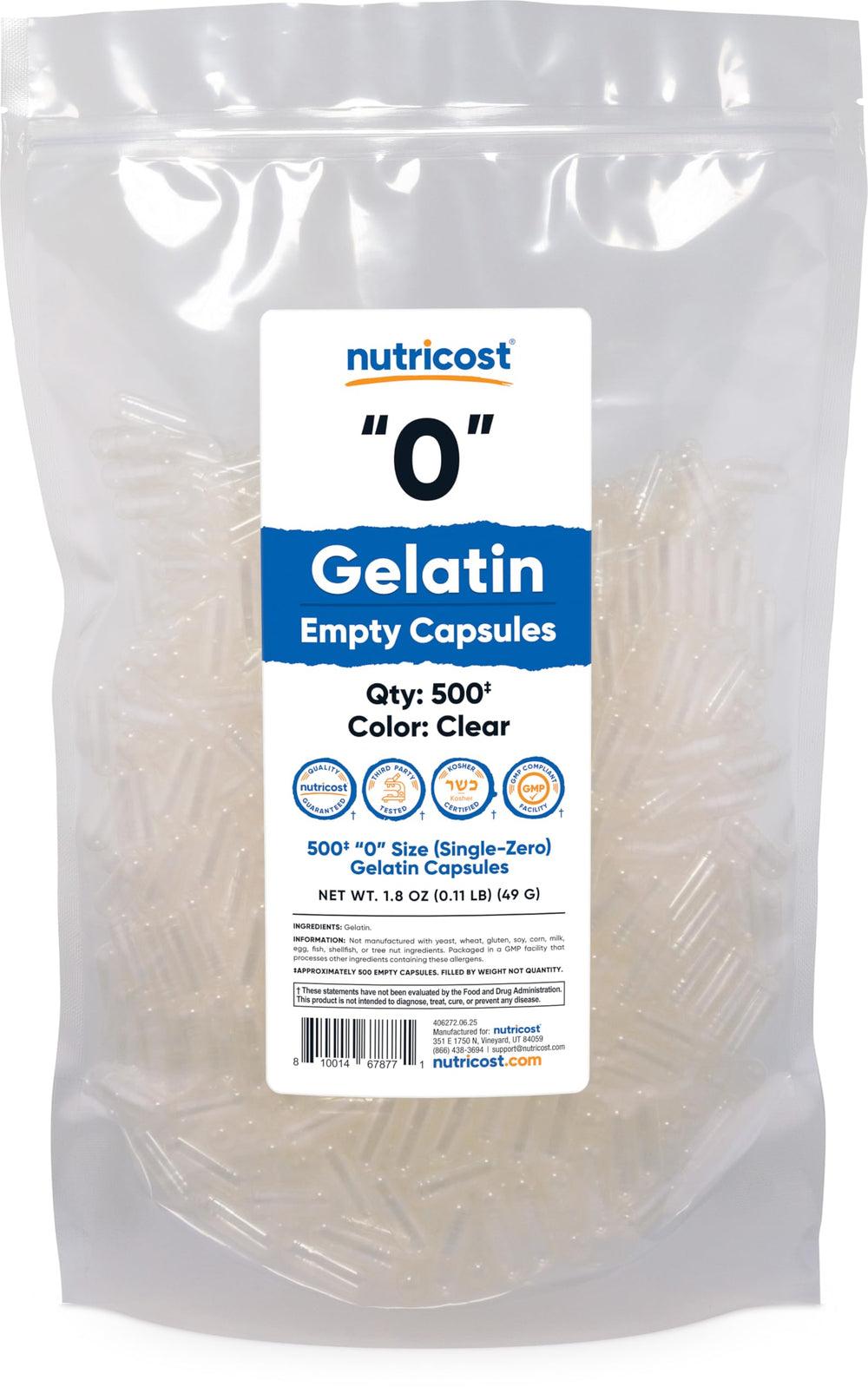 Nutricost Size 0 empty gelatin capsules, clear, 500-count