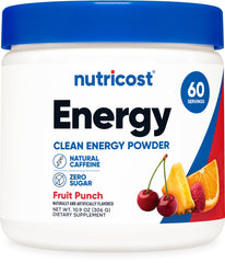 Nutricost Energy Complex fruit punch tub closeup for bold flavor and energy.