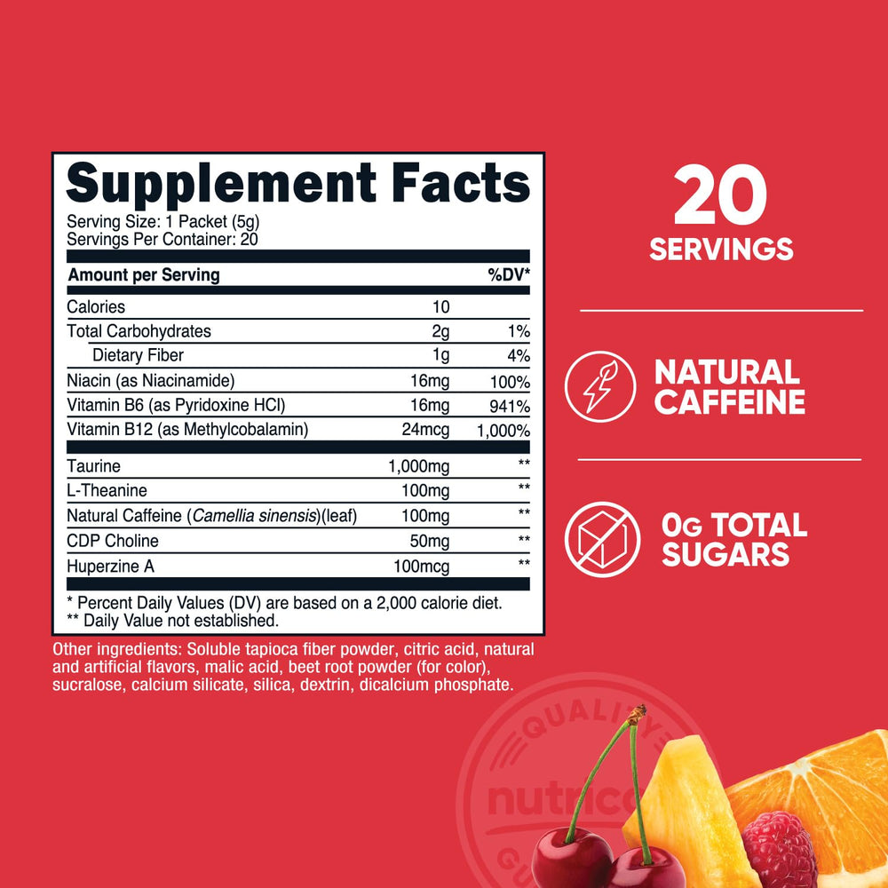 Nutricost Energy Complex Fruit Punch bottle with 20 stick packs