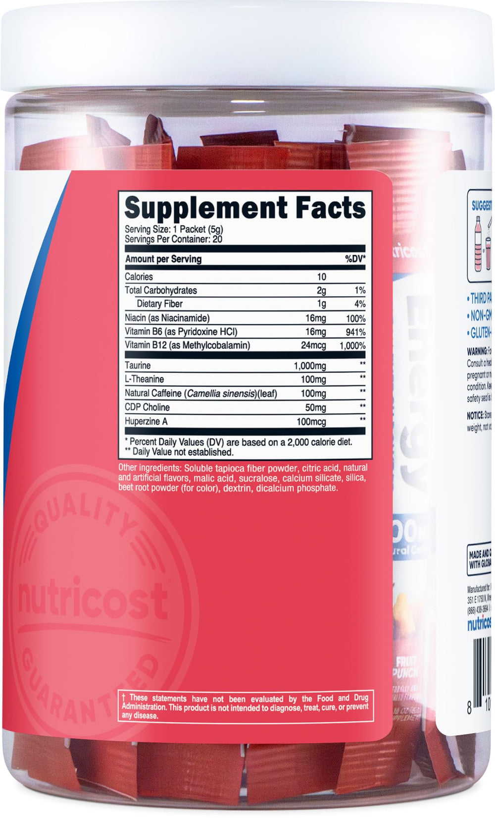 Nutricost Energy Complex Stickpack in glass of water shows mix-in action.