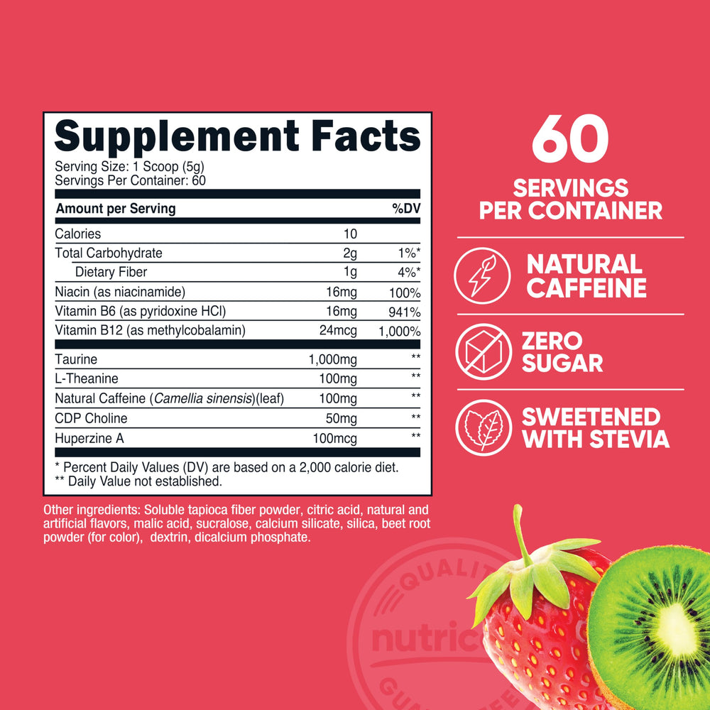 Nutricost Energy Complex Strawberry Kiwi bottle top close up for serving size