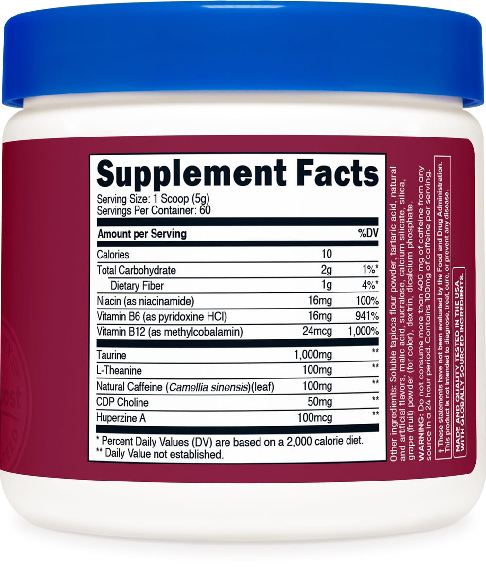 Nutricost Energy Drink Powder Grape ingredient scoop emphasizes easy mixing and consistent energy.