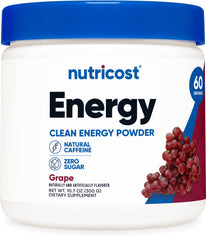 Nutricost Energy Drink Powder Grape tub closeup shows non-GMO ingredients for daily energy.
