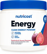 Nutricost energy drink powder tub with Passionfruit Guava for a quick pre-workout energy boost