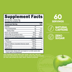 Nutricost Energy Complex green apple glass shows refreshing taste and focus on the go.