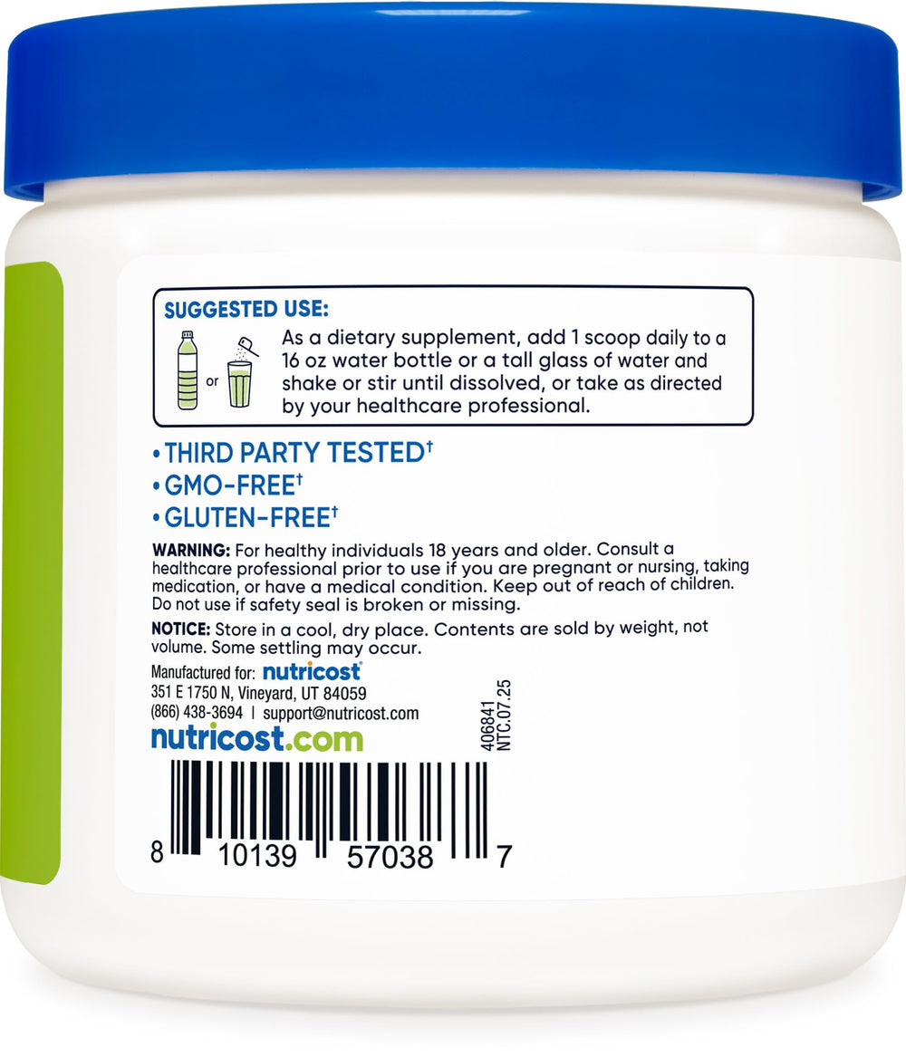 Nutricost Energy Complex green apple label emphasizes gluten-free formula and transparency.