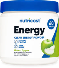 Nutricost Energy Complex green apple powder with scoop for a convenient daily energy boost.