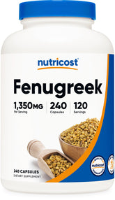 Nutricost Fenugreek Seed 1350mg bottle and capsules on white background