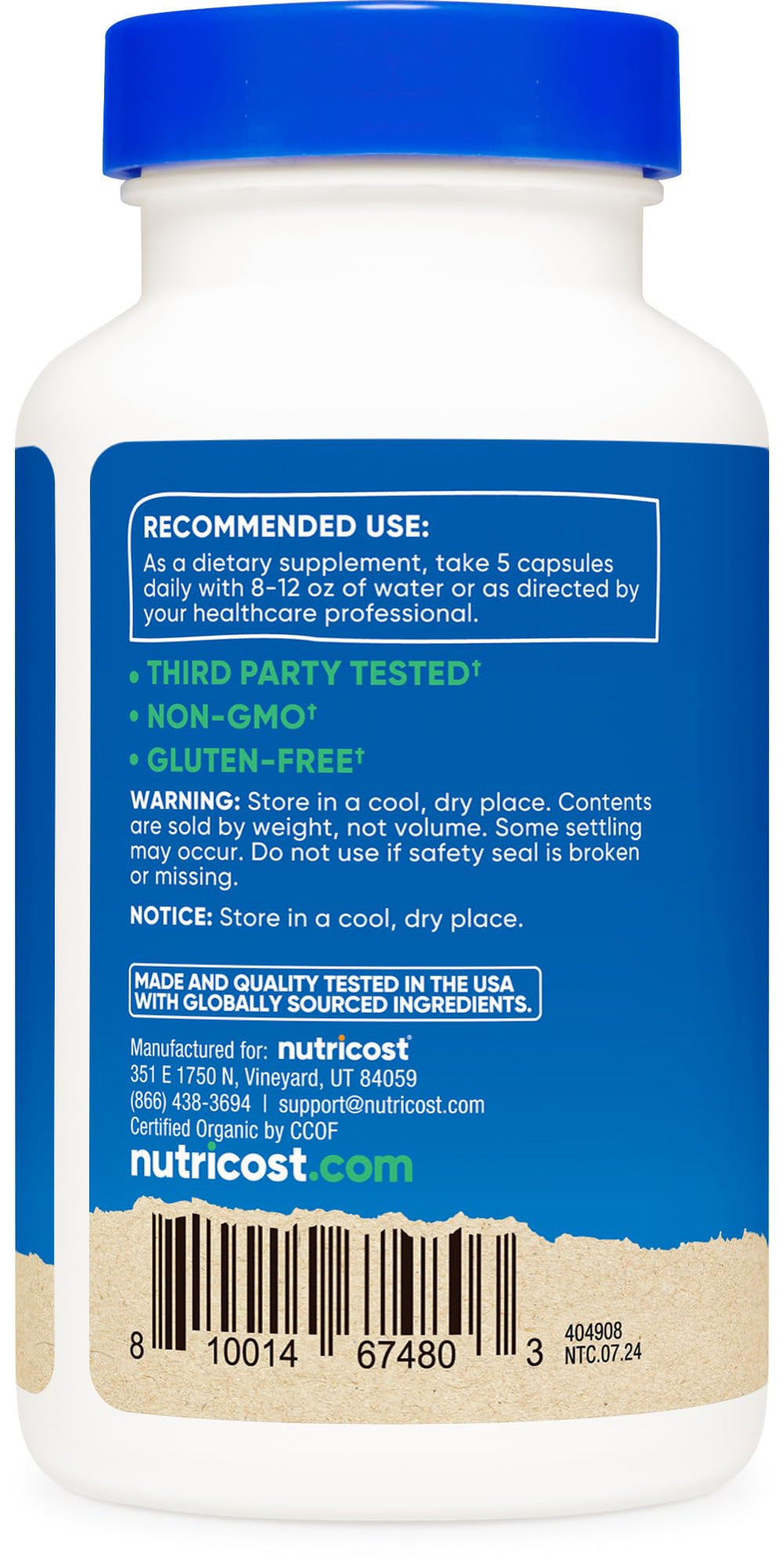 Nutricost Fiber Capsules packaging with GMP/FDA facility reference
