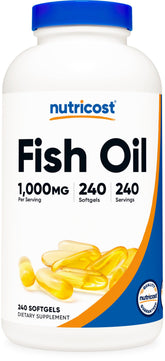Nutricost Fish Oil Omega-3 Softgels bottle displaying 1000mg per softgel and 560mg EPA/DHA