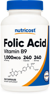 Nutricost Folic Acid 1000 mcg bottle with 240 capsules