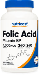 Nutricost Folic Acid 1000 mcg bottle with 240 capsules