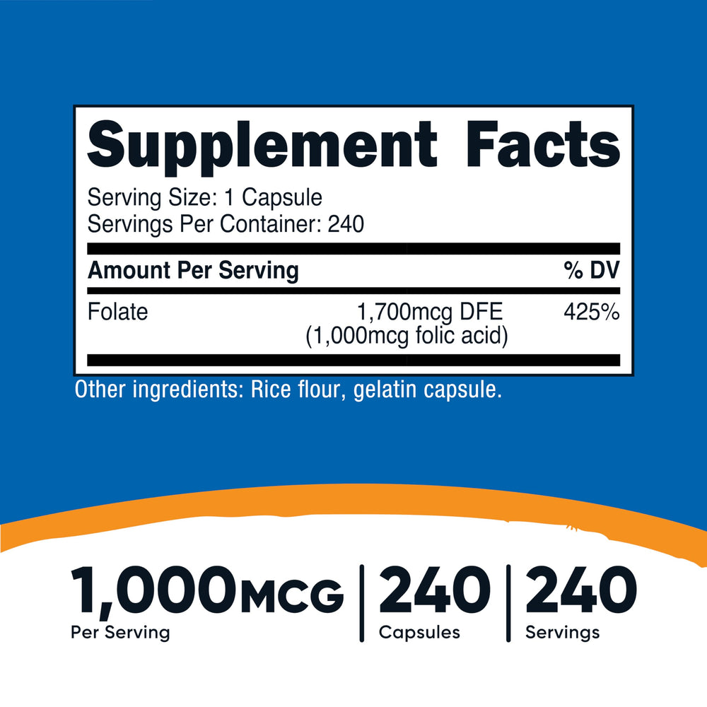 Close-up of Nutricost Folic Acid 1000 mcg capsule