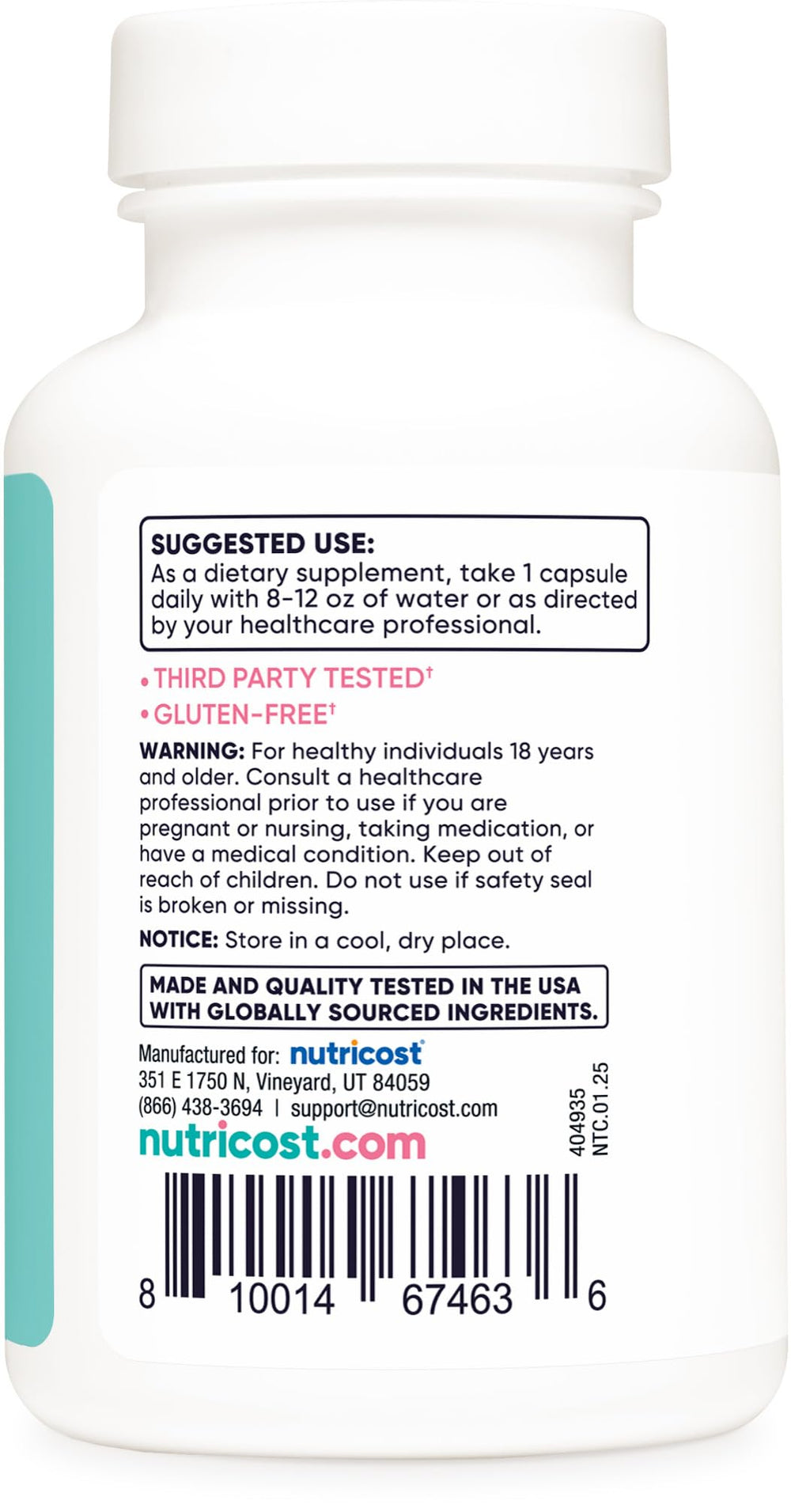 Supplement facts panel showing Biotin and Vitamin B12 in Nutricost Folic Acid